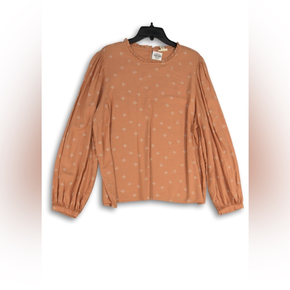 Ana shirt top women’s medium Peach Ruffle Crew Neck Geo  print